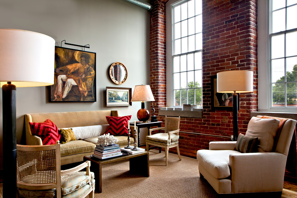 Photo of an eclectic living room in Nashville with grey walls.