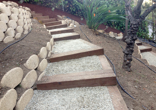 Custom Outdoor Steps Railroad Ties With Gravel Los Angeles By