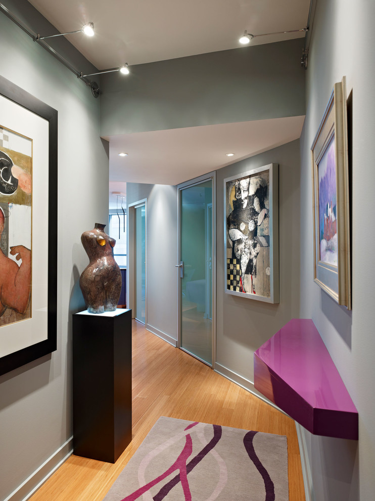 Photo of a large contemporary hallway in Philadelphia with light hardwood floors and grey walls.