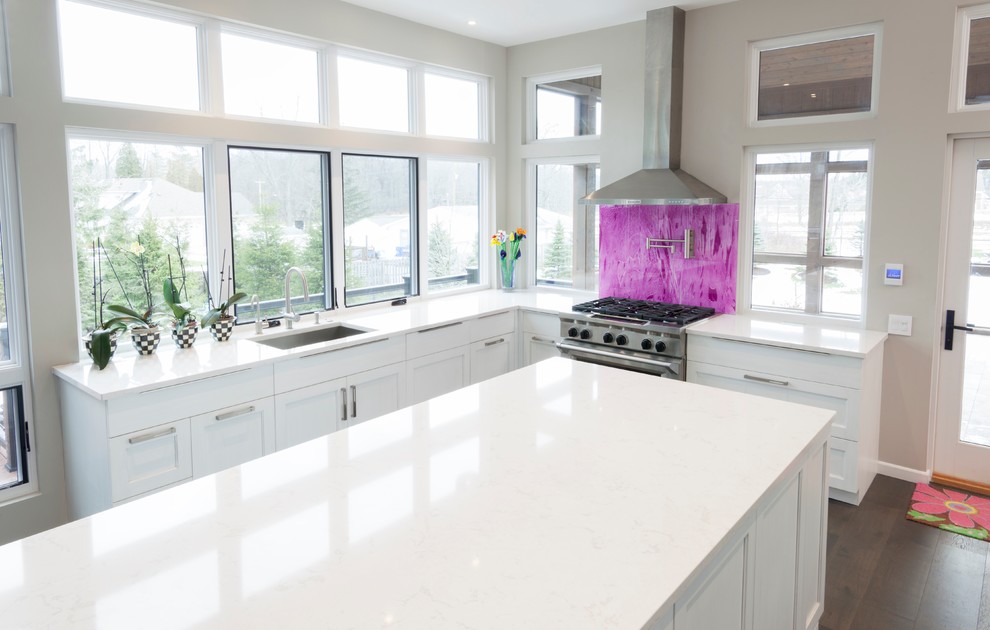 Transitional dark wood floor kitchen photo in Cleveland with recessed-panel cabinets, white cabinets and quartz countertops