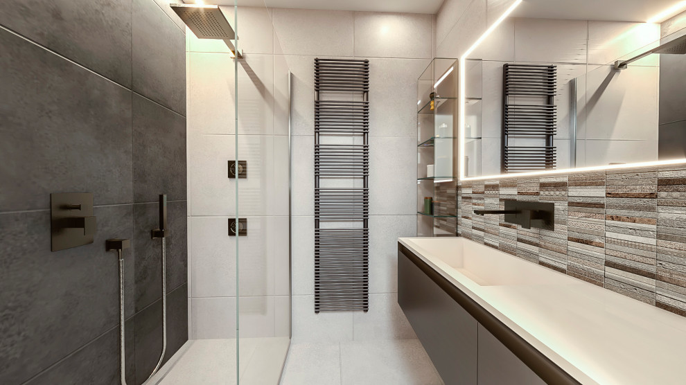 Idee per una piccola stanza da bagno design con ante lisce, ante marroni, WC sospeso, piastrelle di marmo, lavabo integrato, top in superficie solida, top bianco e mobile bagno sospeso