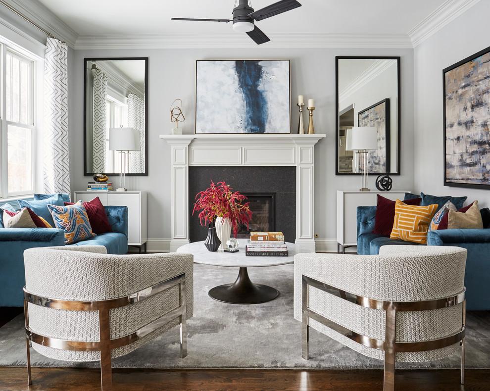 Living room - large transitional formal dark wood floor and brown floor living room idea in Chicago with gray walls, a standard fireplace, a stone fireplace and no tv