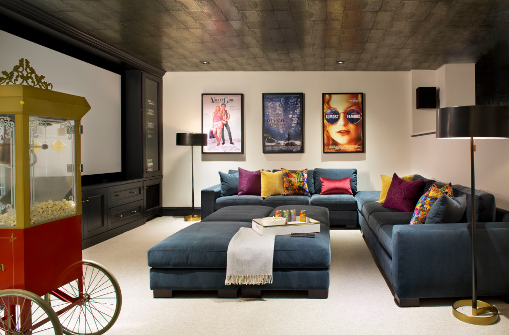 Inspiration for a classic open plan home cinema in Denver with carpet, a built-in media unit and white floors.