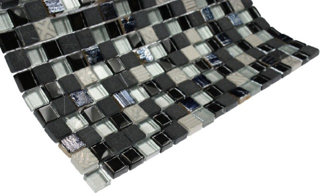 METALLIC ETCHED BLACK ICE BLEND 1/2" X 1/2" MARBLE & GLASS TILES