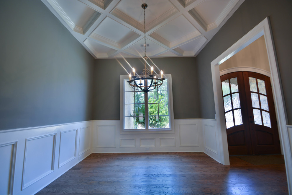 Inspiration for a large country dining room in Atlanta with grey walls, medium hardwood floors and no fireplace.