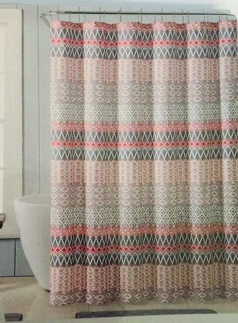 Coral Grey White Fabric Shower Curtain 