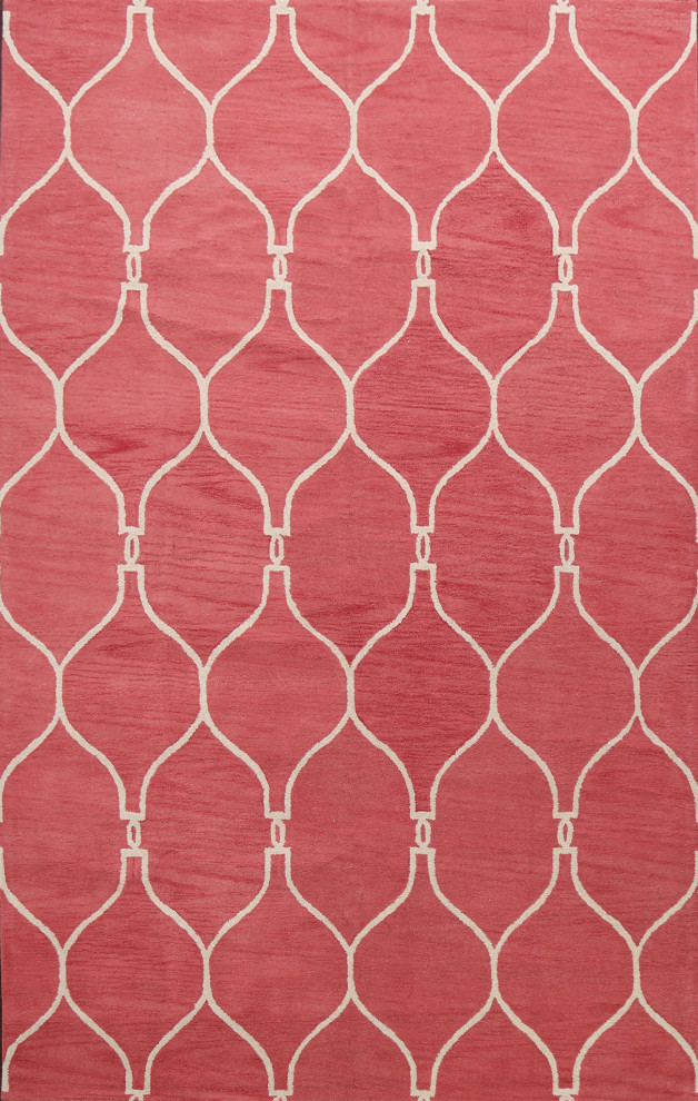 Contemporary Trellis Pink Oriental Area Rug Handtufted Wool Carpet