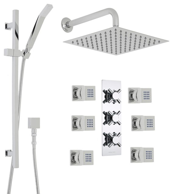 Kristal Thermostatic Rain Shower System 3 Outlets 12 Square Head Kristal Thermostatic Rain Shower System 3 Outlets 12 Square Head Handset 6 Jets