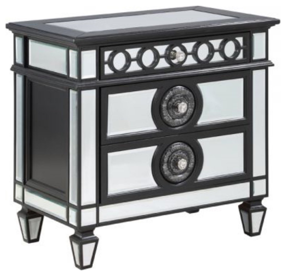 Elegant Nightstand, Mirrored Design With Unique Accents & Drawers