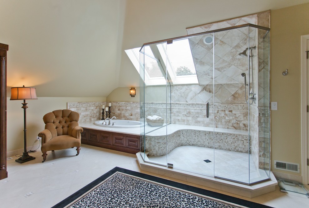 Large traditional master bathroom in Chicago with raised-panel cabinets, medium wood cabinets, a drop-in tub, an alcove shower, beige tile, white tile, beige walls, an undermount sink and a shower seat.