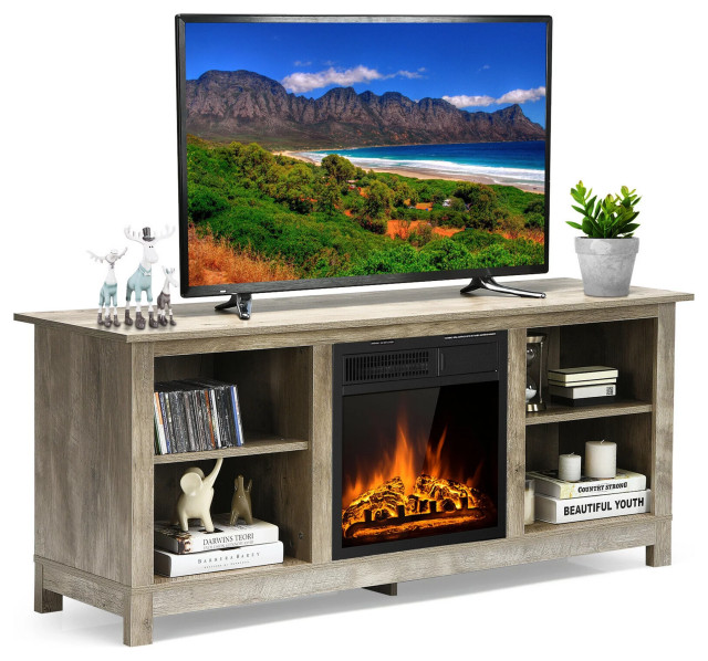 Modern TV Console, Fireplace With Adjustable Brightness & Heat, Textured Grey Modern