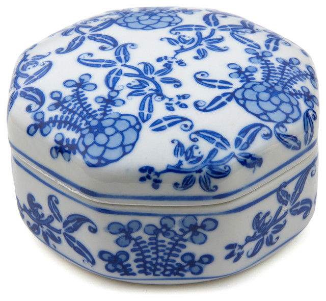 4" Floral Blue and White Small Porcelain Jewelry Box