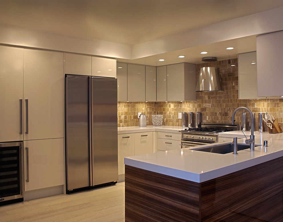 Inspiration for a contemporary u-shaped kitchen in San Francisco with stainless steel appliances, an undermount sink, flat-panel cabinets, white cabinets, brown splashback and limestone splashback.