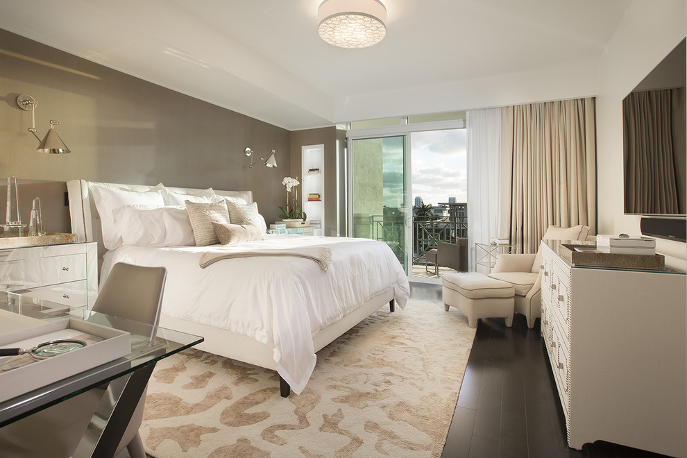 Inspiration for a transitional bedroom in Miami with grey walls and dark hardwood floors.