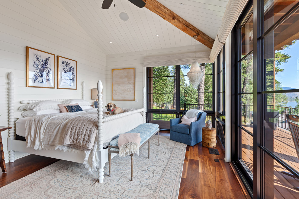 Design ideas for a master bedroom in Other with white walls, a timber clad ceiling and tongue and groove walls.