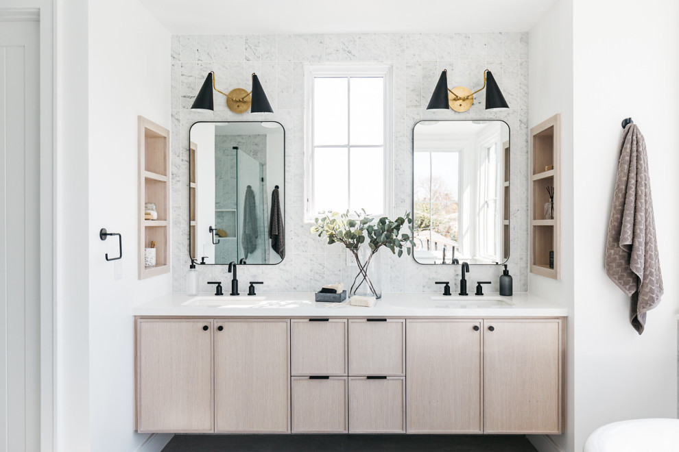 Photo of a large transitional master bathroom in Los Angeles with recessed-panel cabinets, beige cabinets, gray tile, porcelain tile, white walls, an undermount sink, white benchtops, a double vanity and a floating vanity.