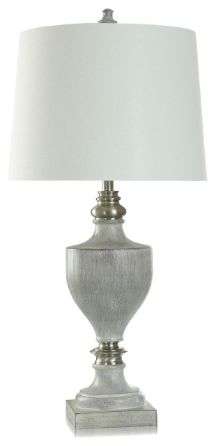 Branson Grey Polyresin and Brushed Steel Table Lamp White Linen Shade 36"H