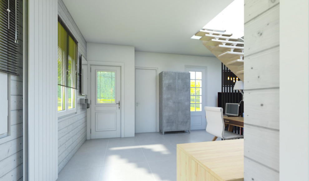 Idee per un ingresso minimalista di medie dimensioni con pareti grigie, pavimento con piastrelle in ceramica, una porta singola, una porta bianca, pavimento grigio e pareti in perlinato