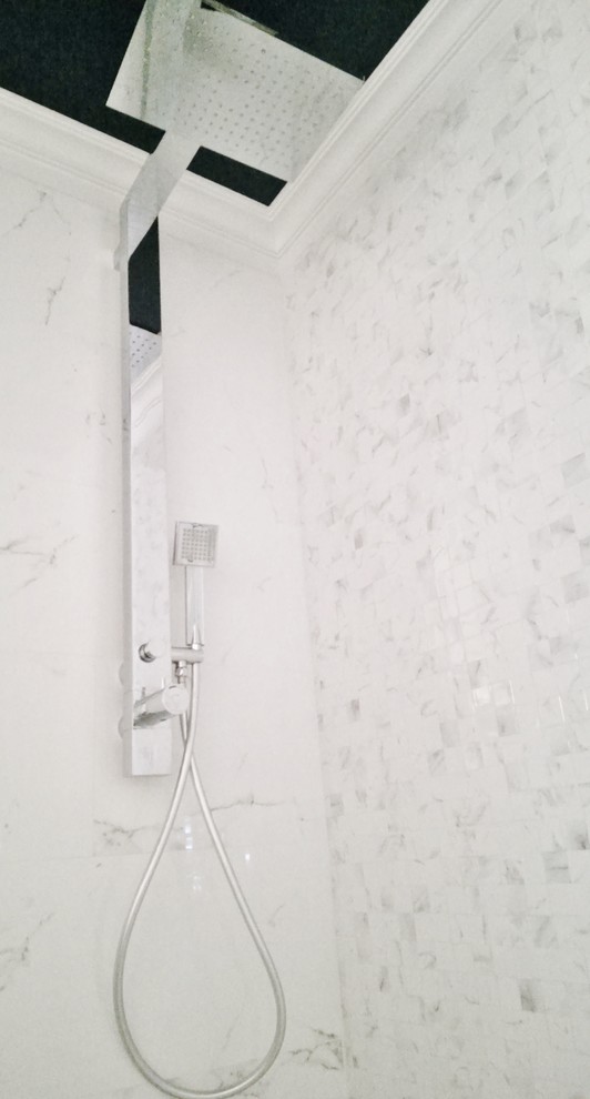Example of a small transitional 3/4 white tile white floor bathroom design in Chicago with flat-panel cabinets, dark wood cabinets, a one-piece toilet, white walls, an integrated sink and solid surface countertops