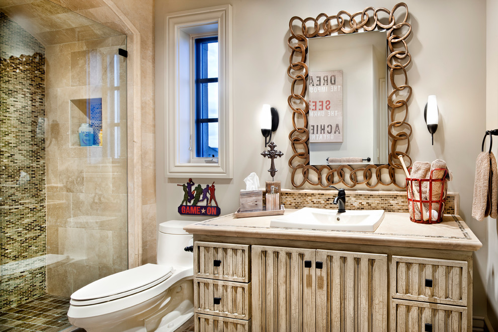 Photo of a mediterranean bathroom in Houston with a drop-in sink and a corner shower.