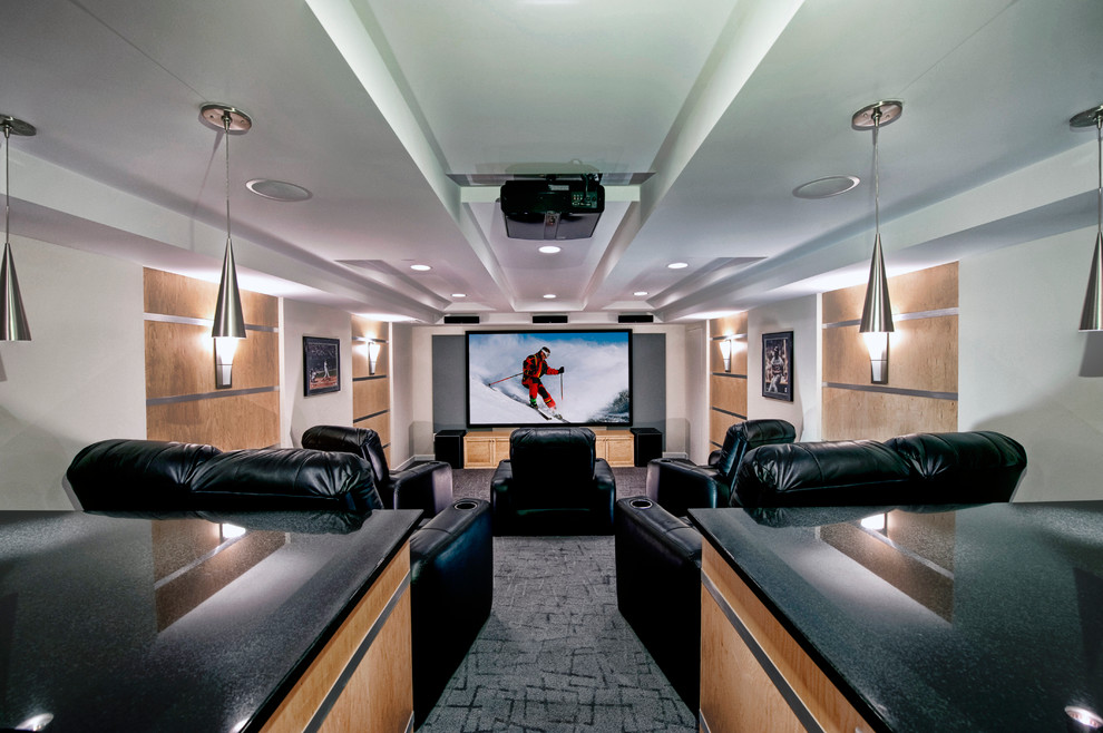 Design ideas for a contemporary enclosed home theatre in DC Metro with white walls, carpet and a projector screen.