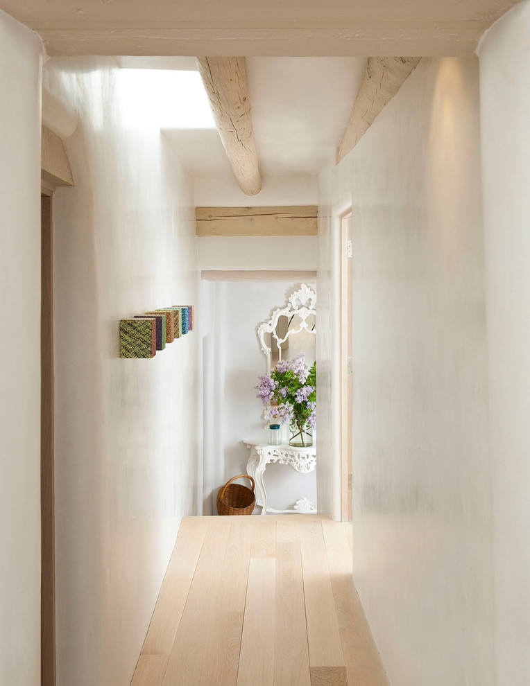 Design ideas for a mid-sized contemporary hallway in Albuquerque with white walls and light hardwood floors.