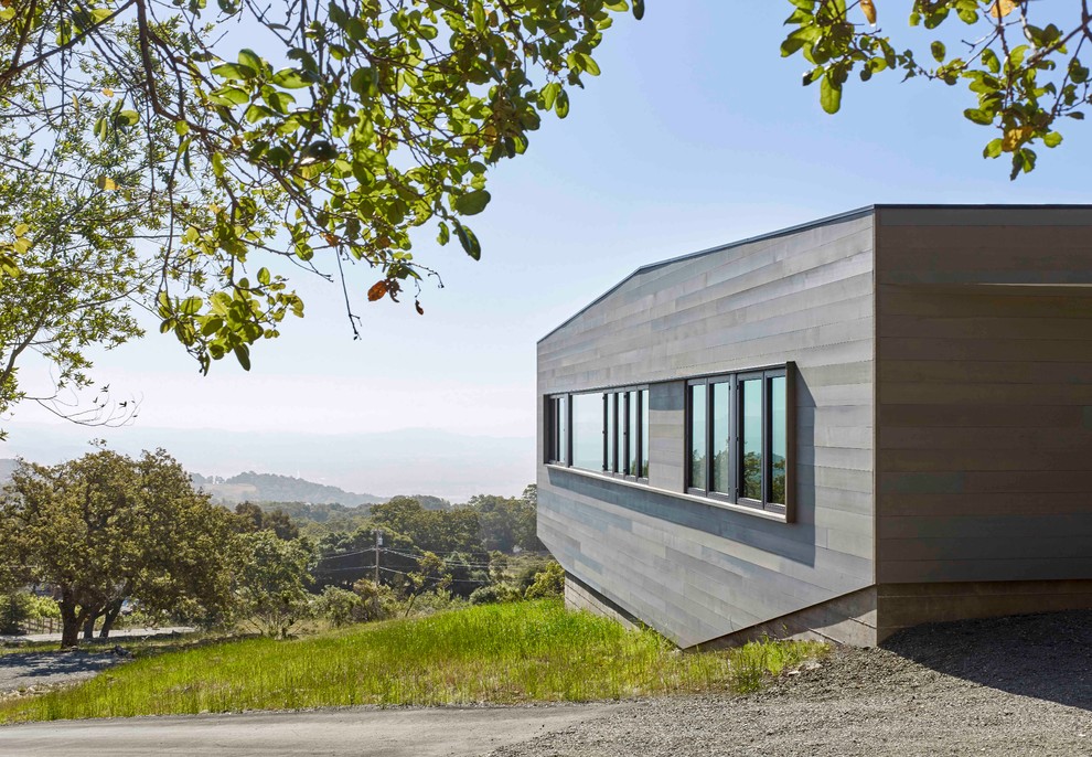 This is an example of a mid-sized modern one-storey grey exterior in San Francisco with wood siding and a flat roof.