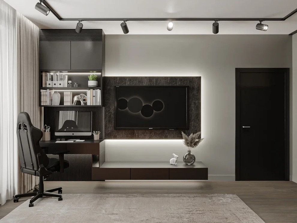 Квартира в стиле минимализм в монохромной серой гамме с яркими акцентами