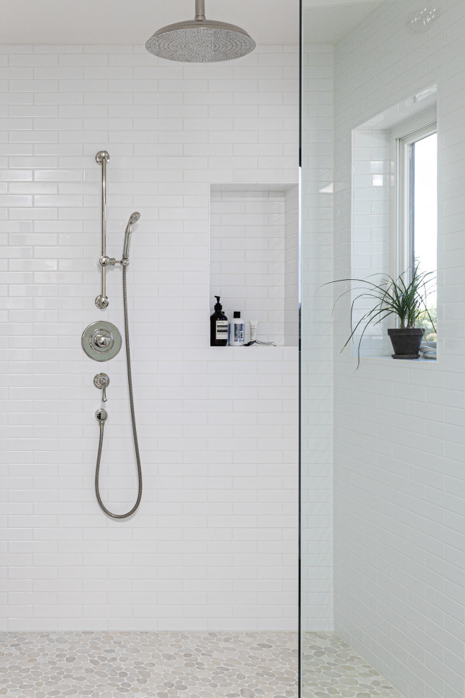 Bathroom - mid-sized coastal master green tile and ceramic tile porcelain tile, white floor and double-sink bathroom idea in Other with recessed-panel cabinets, white cabinets, a one-piece toilet, white walls, a drop-in sink, marble countertops, white countertops and a built-in vanity