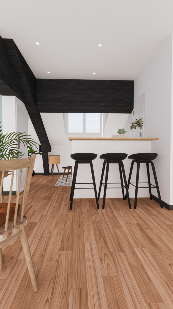 Réalisation d'un petit salon nordique ouvert avec un bar de salon, un mur blanc, un sol en bois brun, un sol blanc, poutres apparentes et du papier peint.
