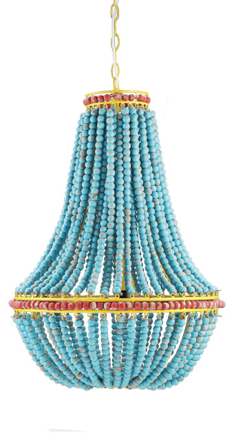 Blue and Red Wood Beaded Chandelier With Yellow Accents