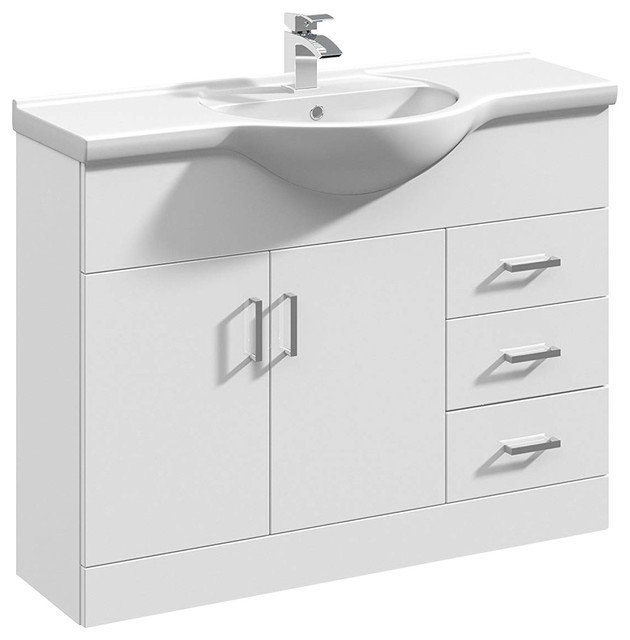 Floor Standing Vanity Unit and Basin, Classic White Ceramic With Inner Shelf