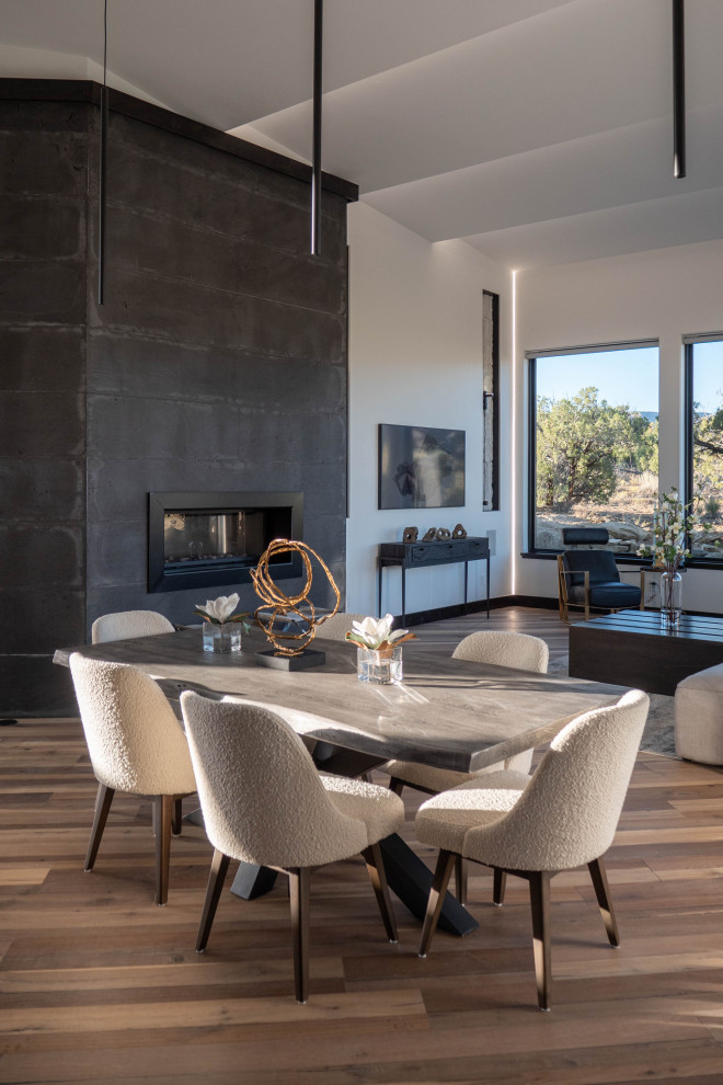 Inspiration for an expansive contemporary open plan dining in Denver with white walls, medium hardwood floors, a ribbon fireplace, a metal fireplace surround and brown floor.