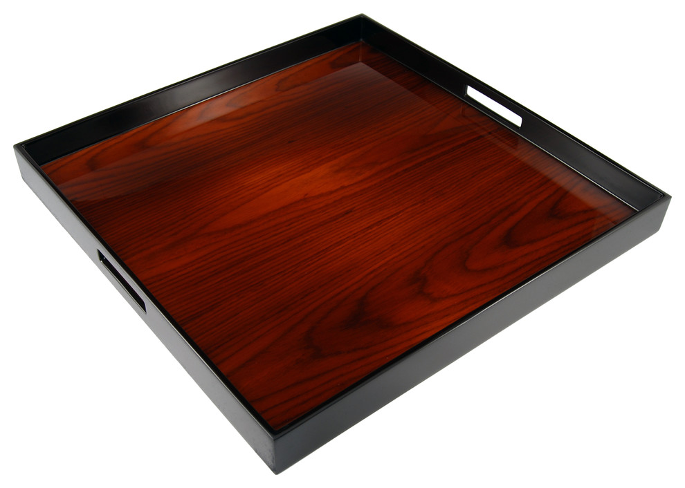 Lacquer Large Square Tray, Rosewood Inlay Contemporary Serving