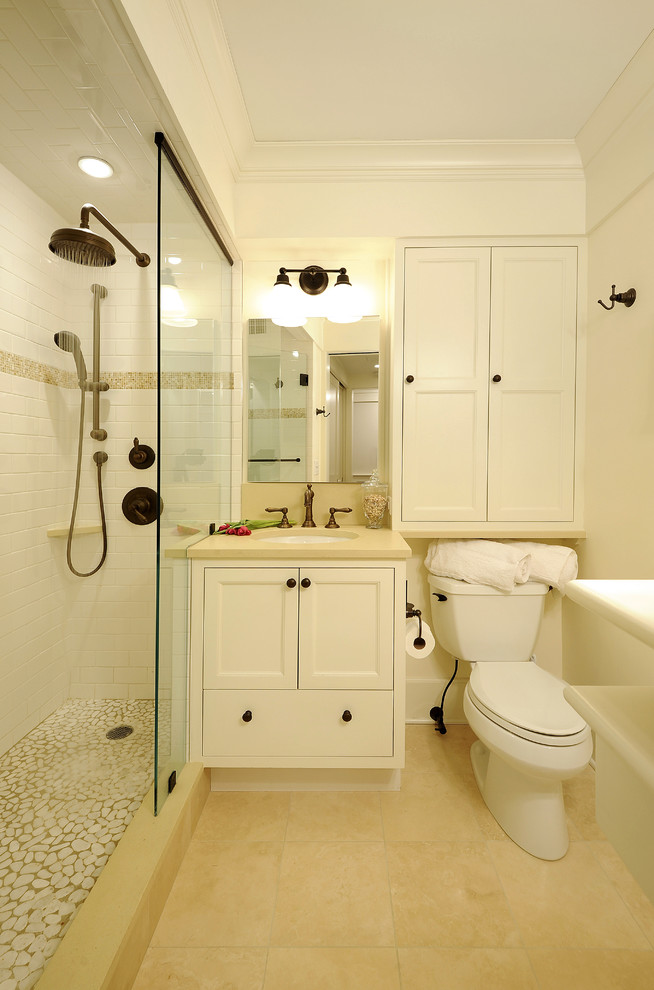 Traditional bathroom in New York with an open shower and an open shower.