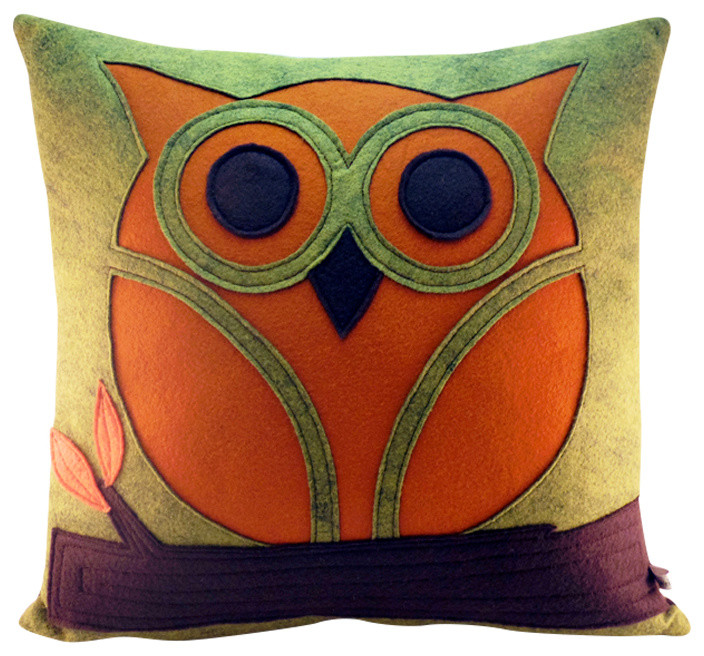 Green And Orange Wool Felt Owl Pillow Contemporary Decorative