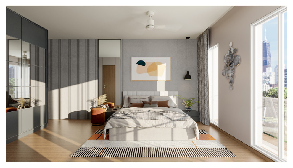Photo of a mid-sized contemporary master bedroom in Bengaluru with grey walls, bamboo floors, brown floor and panelled walls.