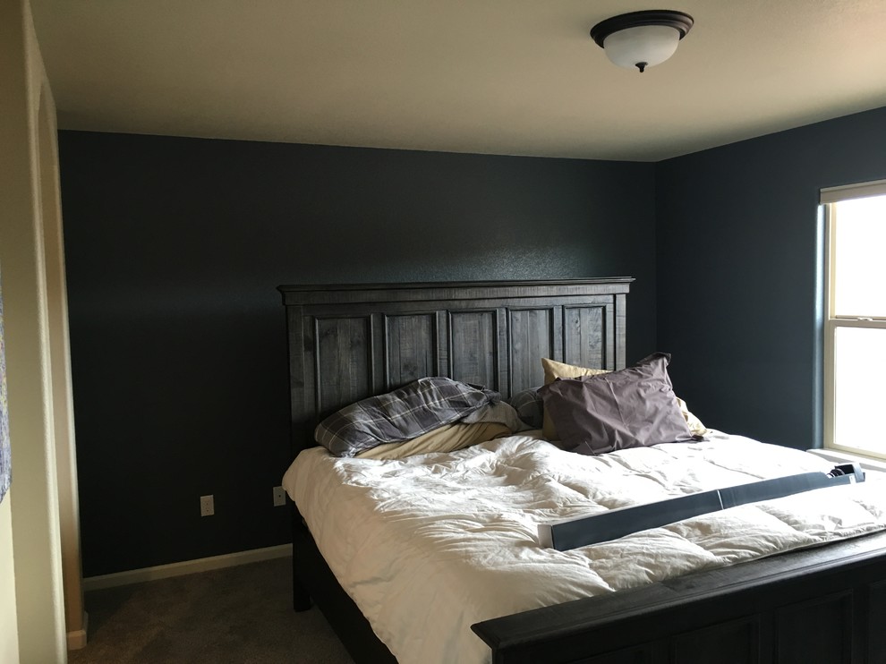 This is an example of a mid-sized contemporary master bedroom in Denver with multi-coloured walls, carpet and no fireplace.