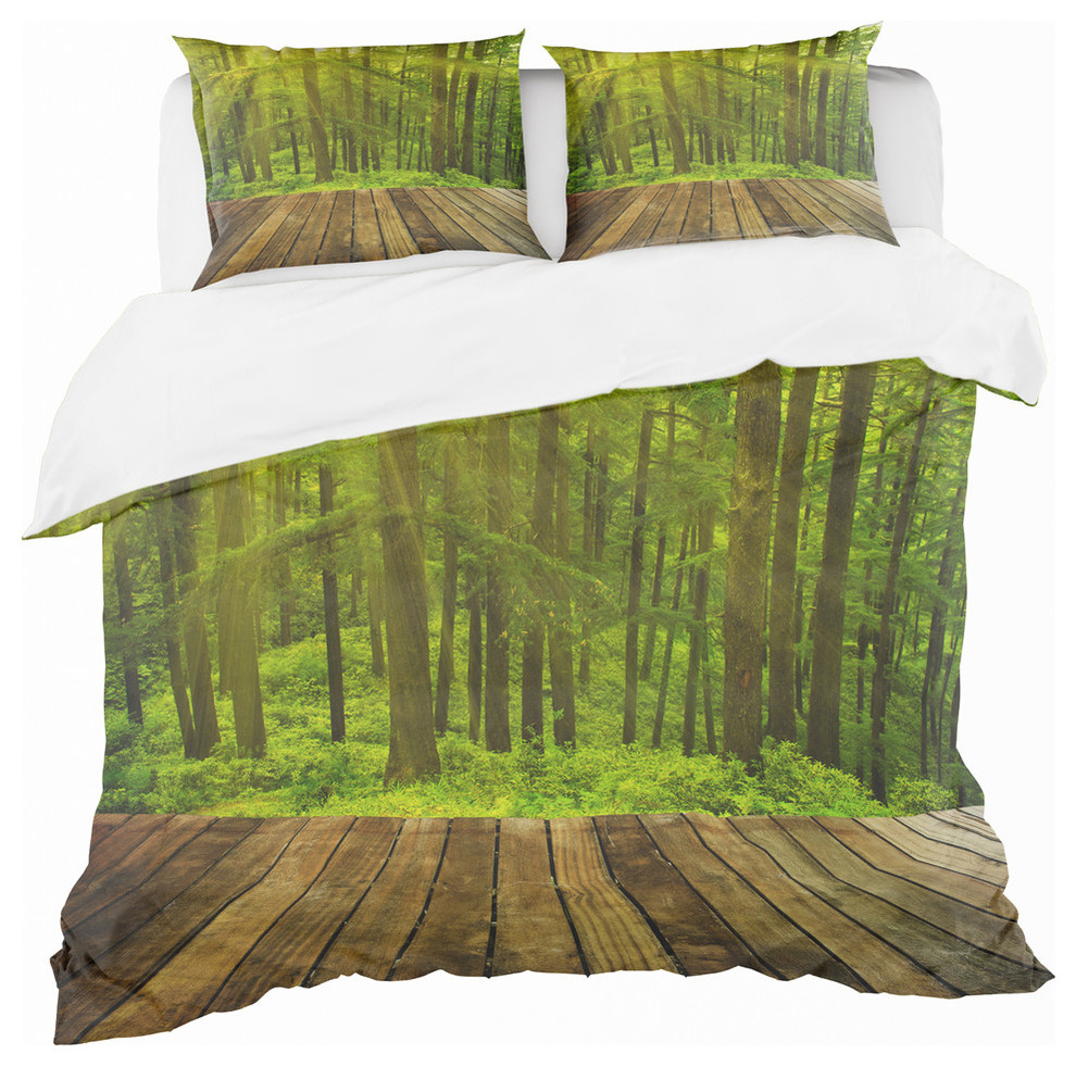 Golden Sunlight in Pine Forest Cabin and Lodge Duvet Cover Set, Twin