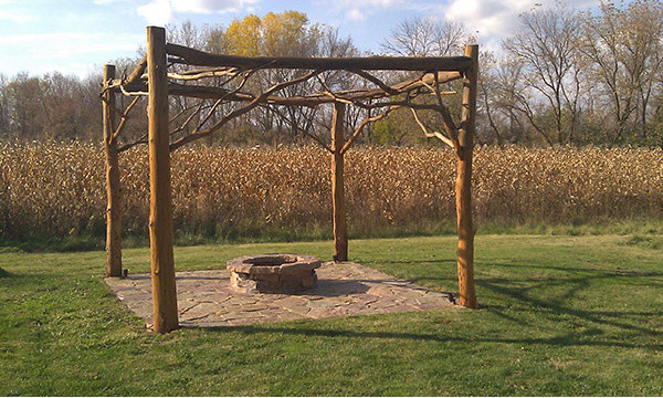 Bog Wood Pergola Natural Stone Fire Pit Rustic Patio