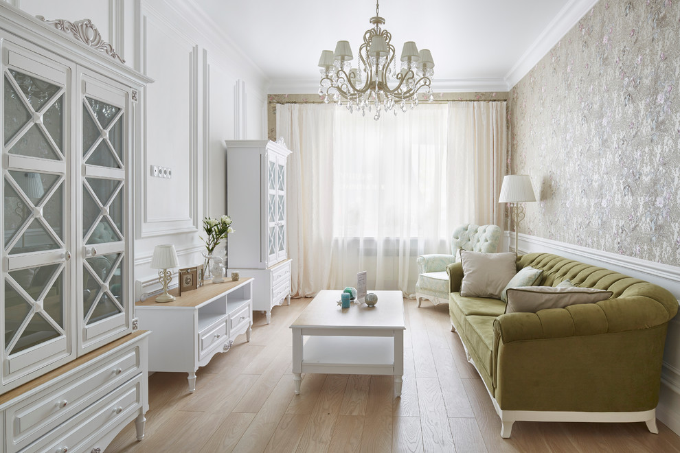 Traditional formal enclosed living room in Moscow with white walls, light hardwood floors and no tv.
