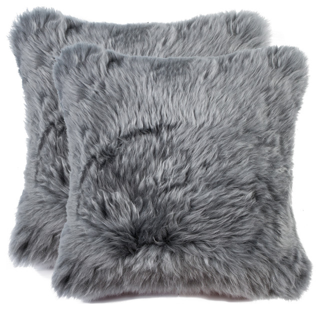 100 Sheepskin New Zealand Pillows, Set of 2, Gray, 18"x18