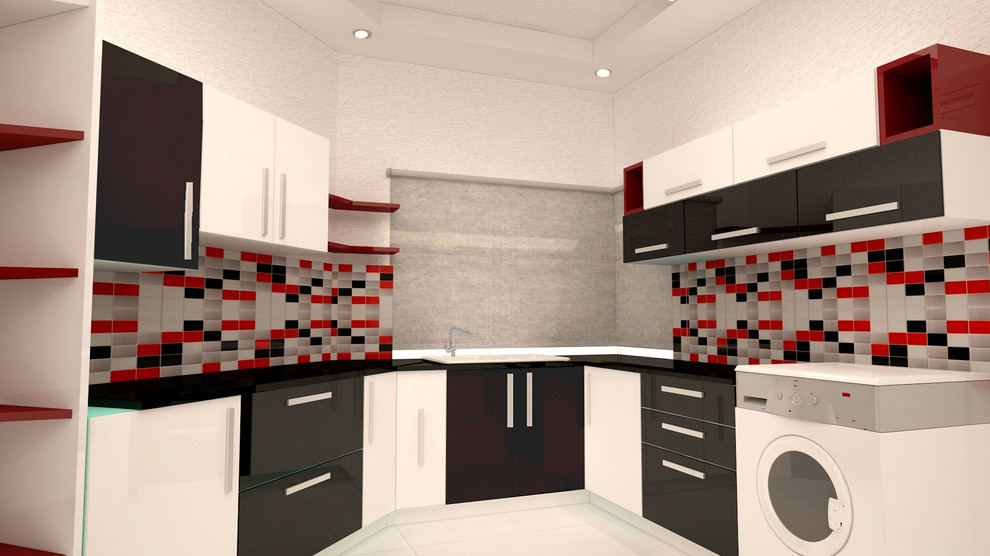 Mid-sized minimalist u-shaped porcelain tile and white floor enclosed kitchen photo with a double-bowl sink, flat-panel cabinets, white cabinets, granite countertops, white backsplash, porcelain backsplash, stainless steel appliances and no island