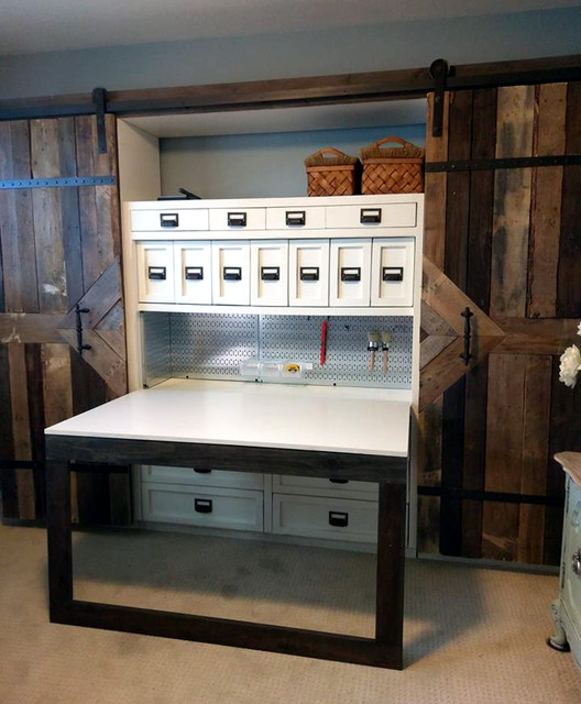 Hidden Fold Out Office Desk With Wall Control Pegboard Rustic