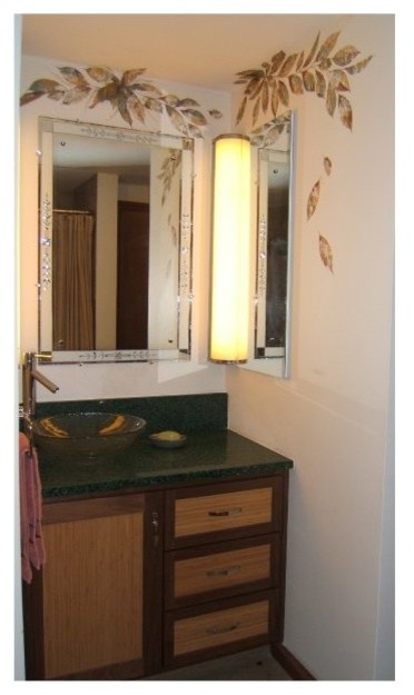 Example of a large transitional bathroom design with flat-panel cabinets and a vessel sink