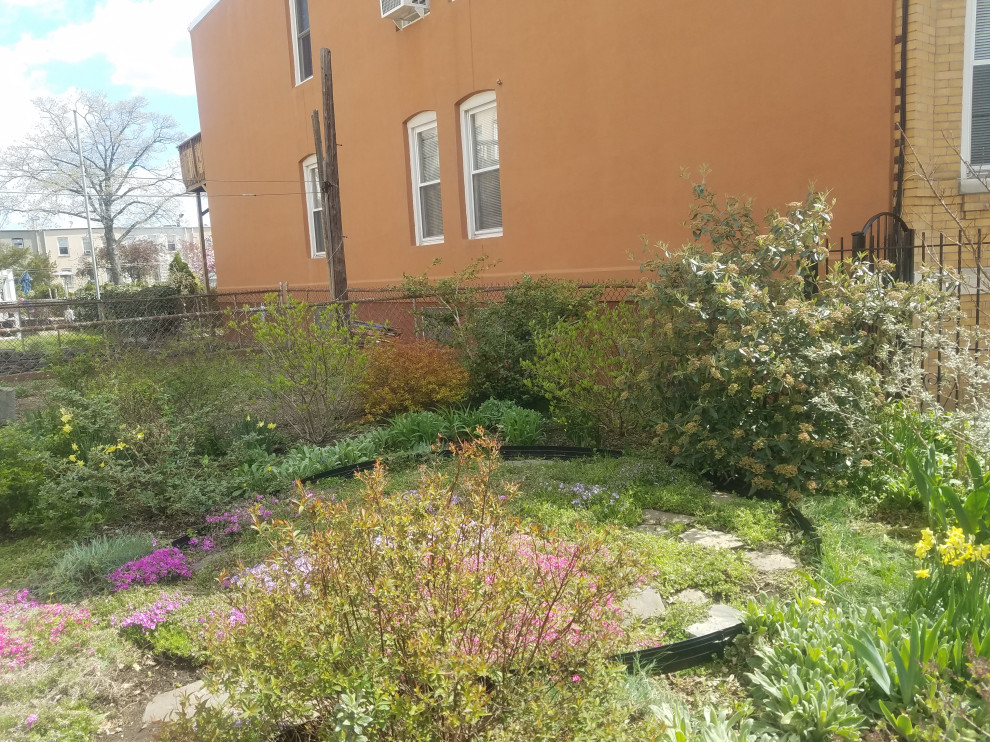 Kleiner Klassischer Garten im Frühling, hinter dem Haus mit direkter Sonneneinstrahlung und Metallzaun in New York