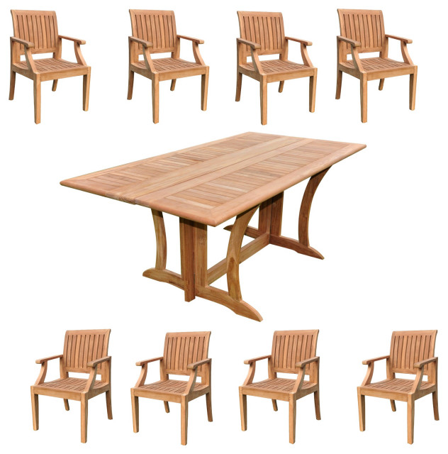 9Piece Outdoor Patio Teak Dining Set 69" Folding Table, 8 Lagos Arm