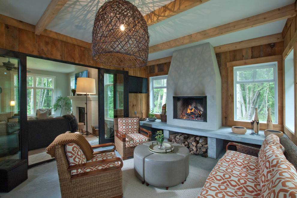 Example of a mid-sized transitional carpeted and white floor sunroom design with a concrete fireplace, a standard ceiling and a standard fireplace