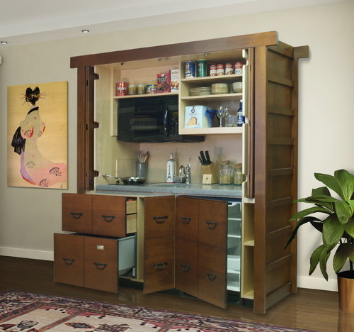 Concealed kitchen cabinet armoire opened to reveal organized shelves, sink, microwave, and under-counter fridge—showing how hidden storage reduces visual clutter