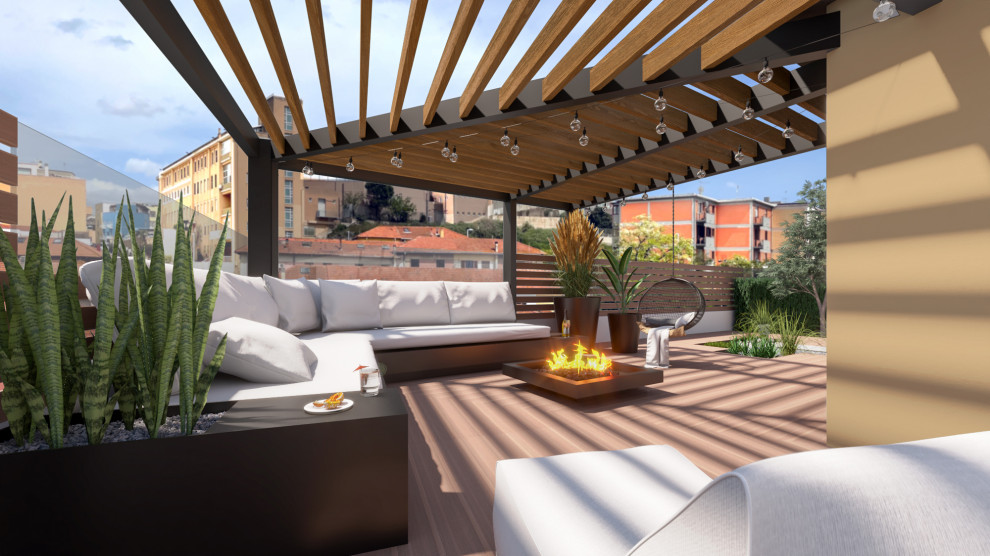 Large mediterranean rooftop and rooftop deck in Cagliari with with skirting, a pergola and mixed railing.